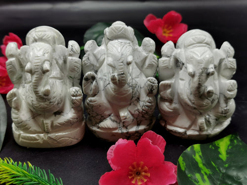 Howlite Ganesha Handmade Carving - Lord Ganesha Idol | Sculpture | Murti in Crystals -Reiki/Chakra - 2.5 in and 210 gms - ONE STATUE ONLY