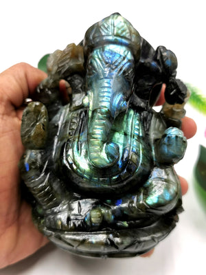 Labradorite Ganesha Handmade Carving with blue flash - Lord Ganesha Idol | Figurine in Crystals and Gemstones - 4.5 inches and 720 gms