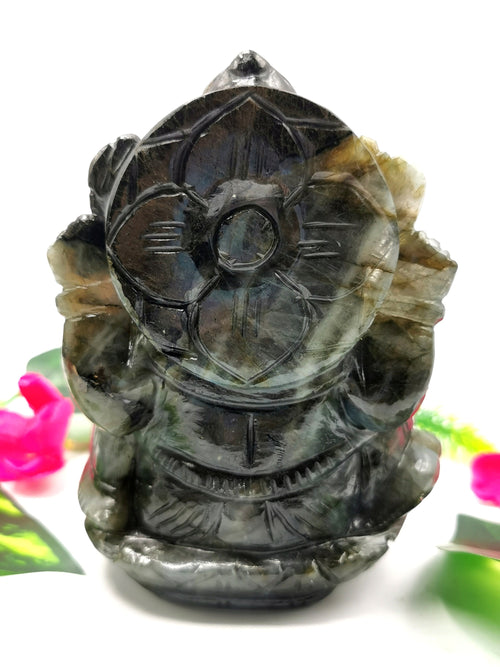Labradorite Ganesha Handmade Carving with blue flash - Lord Ganesha Idol | Figurine in Crystals and Gemstones - 4.5 inches and 720 gms