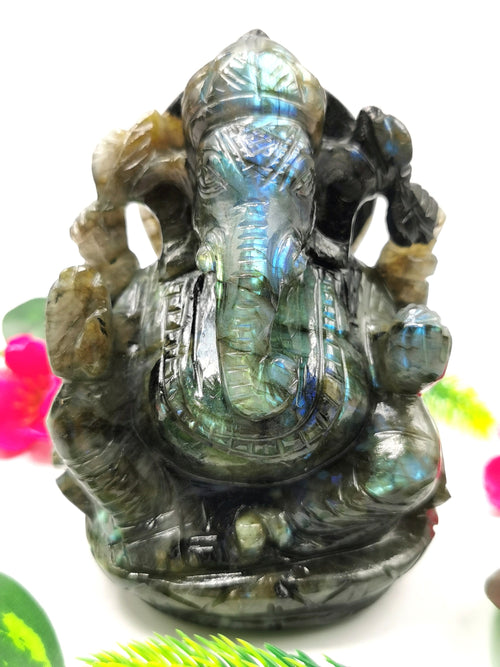 Labradorite Ganesha Handmade Carving with blue flash - Lord Ganesha Idol | Figurine in Crystals and Gemstones - 4.5 inches and 720 gms