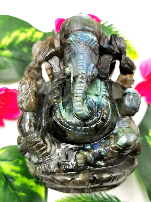 Labradorite Ganesha Handmade Carving with blue flash - Lord Ganesha Idol | Figurine in Crystals and Gemstones - 4.5 inches and 720 gms