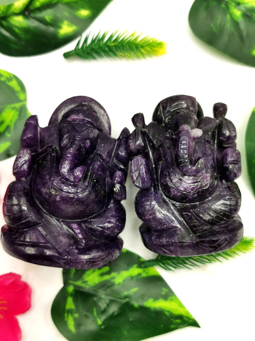Gemstone Lepidolite Carving of Ganesh - Lord Ganesha Idol in Crystals and Gemstones - Reiki/Chakra - 3.2 inch and 320 gms - ONE STATUE ONLY