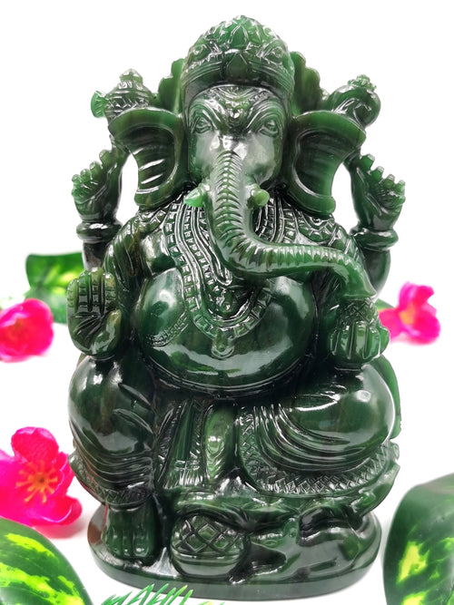 Columbian Jade gemstone Handmade Carving of Ganesh - Lord Ganesha Idol in Crystals and Gemstones - Reiki/Chakra - 6 inch and 1.27 kgs (2.79 lb)