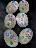 Natural Selenite palmstones with 7-chakra geometric engravings - ONE PIECE - crystal/chakra/reiki/healing - 90 gms weight