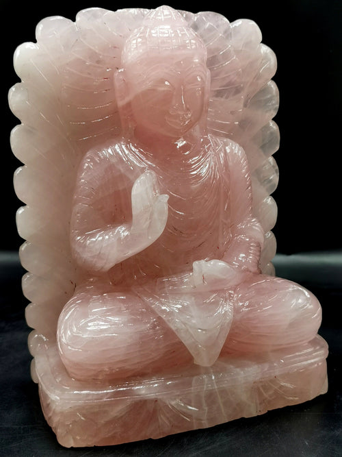 Rose Quartz Crystal Buddha with back arch - handmade carving of serene and meditating Lord Buddha - crystal/reiki/chakra - 8 in and 3.32 kg (7.3 lb)