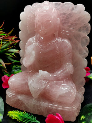 Rose Quartz Crystal Buddha with back arch - handmade carving of serene and meditating Lord Buddha - crystal/reiki/chakra - 8 in and 3.32 kg (7.3 lb)