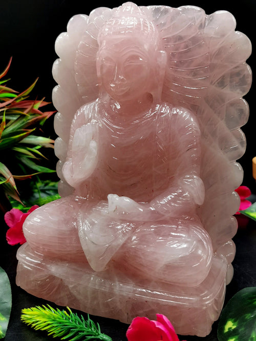 Rose Quartz Crystal Buddha with back arch - handmade carving of serene and meditating Lord Buddha - crystal/reiki/chakra - 8 in and 3.32 kg (7.3 lb)