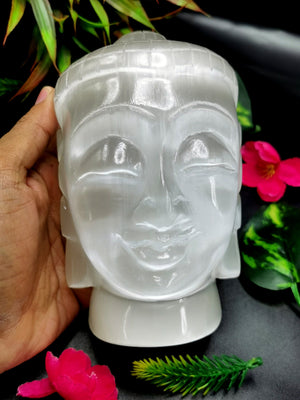 Selenite Buddha Face/Head - handmade carving of serene face of Lord Buddha - crystal/reiki/healing - 5.5 inches and 1.48 kg (3.26 lb)