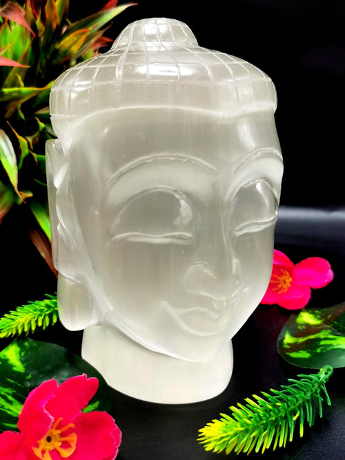 Selenite Buddha Face/Head - handmade carving of serene face of Lord Buddha - crystal/reiki/healing - 5.5 inches and 1.48 kg (3.26 lb)
