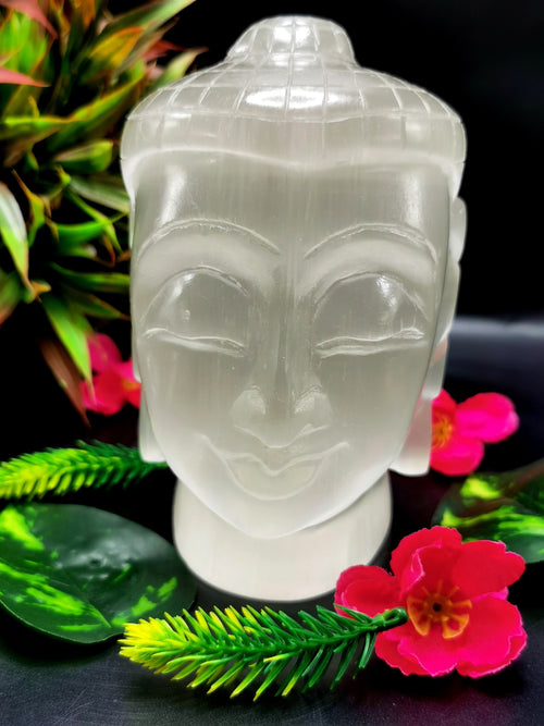 Selenite Buddha Face/Head - handmade carving of serene face of Lord Buddha - crystal/reiki/healing - 5.5 inches and 1.48 kg (3.26 lb)