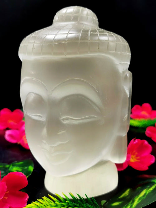 Selenite Buddha Face/Head - handmade carving of serene face of Lord Buddha - crystal/reiki/healing - 6 inches and 1.62 kg (3.56 lb)