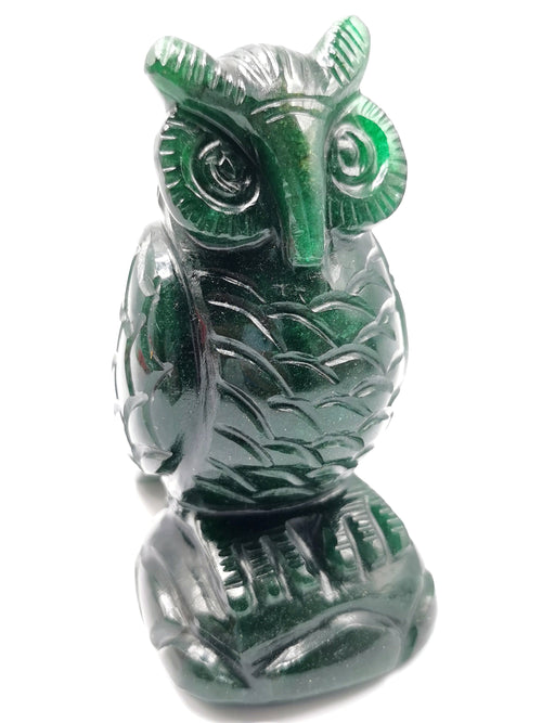 Hand carved owl carving in natural dark green aventurine stone - reiki/chakra/healing/crystal - 4 inches and 440gm (0.97 lb)