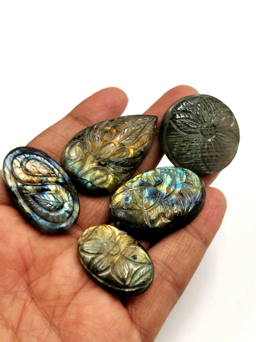 Floral carvings -  Set of five (5) miniature pendant in labradorite stone - gemstone/crystal jewelry |Reiki/Chakra/Healing - 5 PIECES ONLY