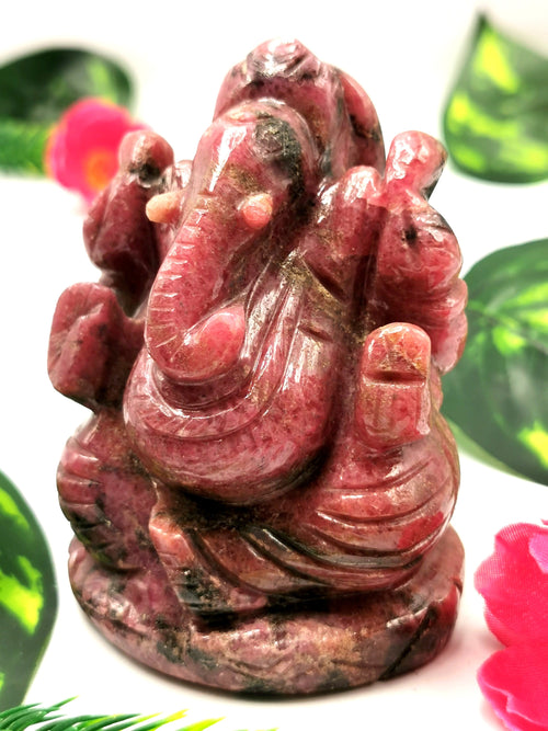 Ganesha in Rhodonite stone Handmade Carving  - Lord Ganesh Idol | Sculpture in Crystals/Gemstones - Reiki/Chakra/Healing - 3.5 inches and 450 gms