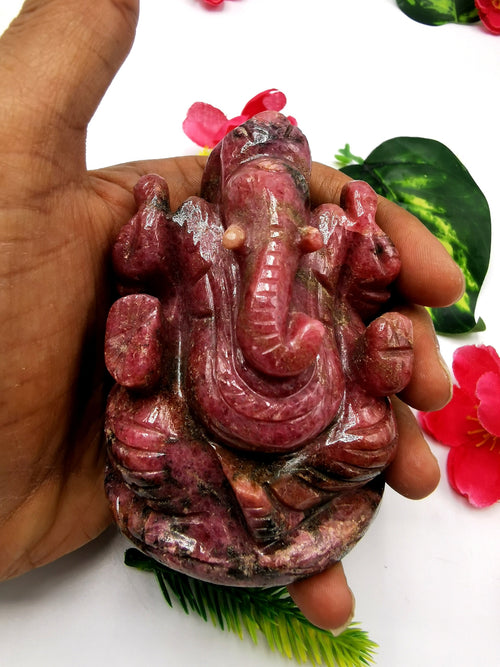 Ganesha in Rhodonite stone Handmade Carving  - Lord Ganesh Idol | Sculpture in Crystals/Gemstones - Reiki/Chakra/Healing - 3.5 inches and 450 gms
