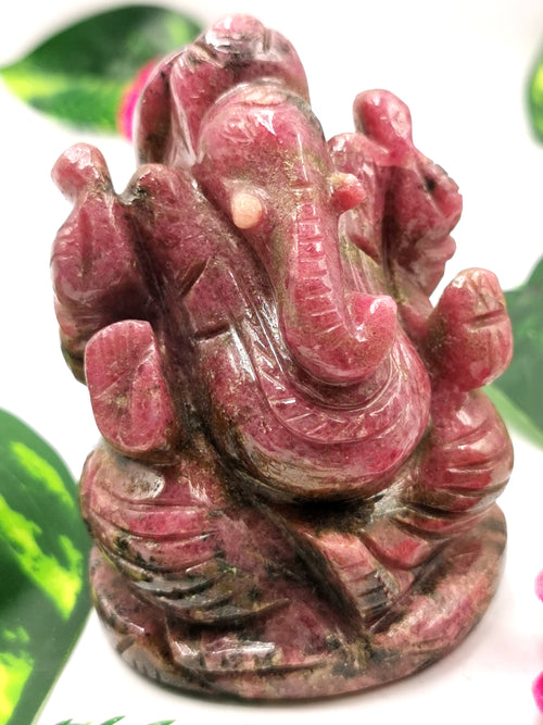 Ganesha in Rhodonite stone Handmade Carving  - Lord Ganesh Idol | Sculpture in Crystals/Gemstones - Reiki/Chakra/Healing - 3.5 inches and 450 gms