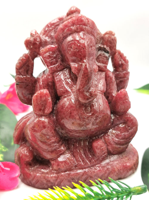 Rhodonite crystal Handmade Carving of Ganesh - Lord Ganesha Idol | Sculpture in Crystals/Gemstones - Reiki/Chakra/Healing - 4.2 inches and 800 gms