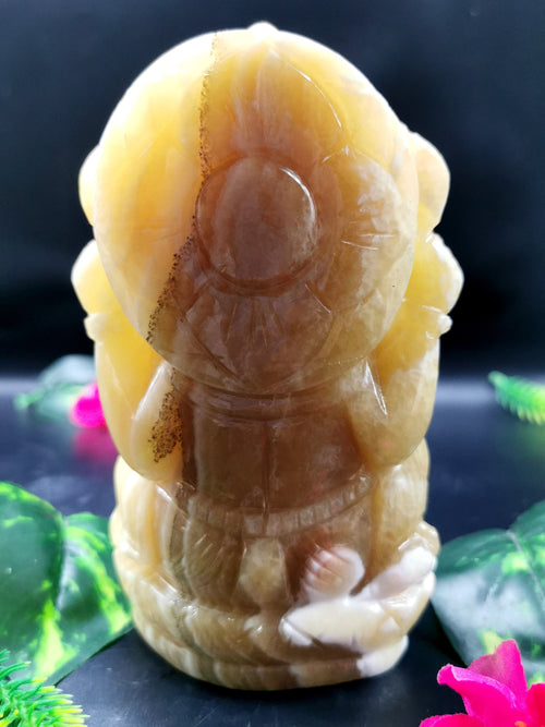 Yellow Calcite Handmade Carving of Ganesh - Lord Ganesha Idol in Crystals and Gemstones - Reiki/Chakra - 5.1 inch and 900 gms (1.98 lb)