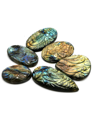 Set of six (6) miniature floral carvings for pendant in labradorite stone - gemstone/crystal jewelry |Reiki/Chakra/Healing - 6 PIECES ONLY