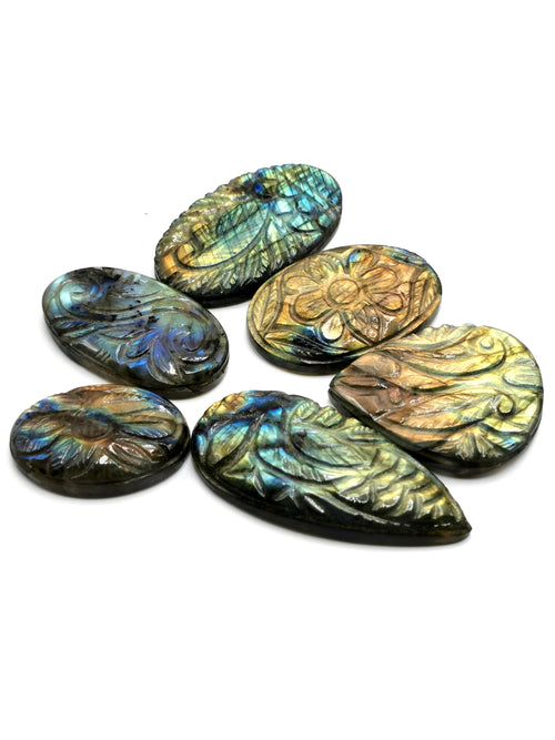 Set of six (6) miniature floral carvings for pendant in labradorite stone - gemstone/crystal jewelry |Reiki/Chakra/Healing - 6 PIECES ONLY