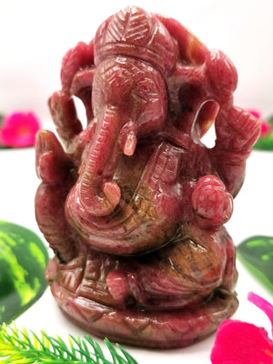 Rhodonite gemstone Handmade Carving of Ganesh - Lord Ganesha Idol | Sculpture in Crystals/Gemstones - Reiki/Chakra/Healing - 4.2 inches and 635 gms