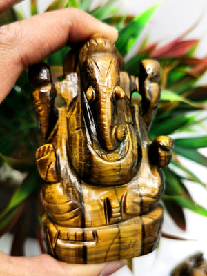 Tiger Eye gemstone Handmade Carving of Ganesh - Lord Ganesha Idol in Crystals/Gemstones - Reiki/Chakra/Healing - 2.5 in and 175 gms - ONE STATUE ONLY