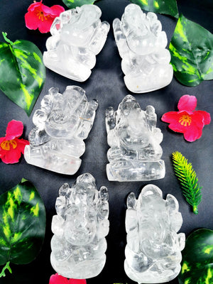 Ganesh idol in Clear Quartz Handmade Carving - Ganesha Idol |Sculpture in Crystals and Gemstones -2.5 inches and 240 gms - ONE STATUE ONLY