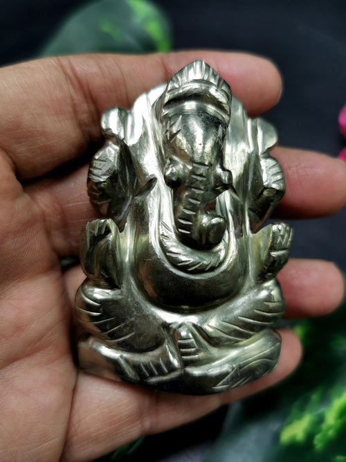 Pyrite crystal Handmade Carving of Ganesh - Lord Ganesha Idol | Figurine in Crystals and Gemstones - 2 inches and 122 gms - ONE STATUE ONLY