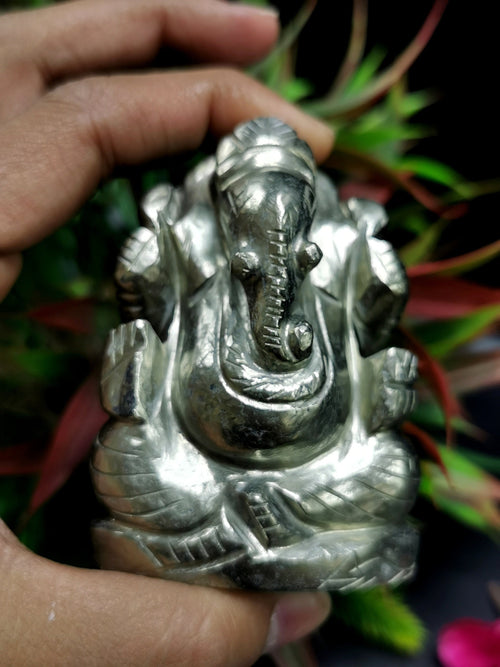 Pyrite gemstone Handmade Carving of Ganesh - Lord Ganesha Idol | Figurine in Crystals and Gemstones - 2.5 inches and 245 gms - ONE STATUE ONLY