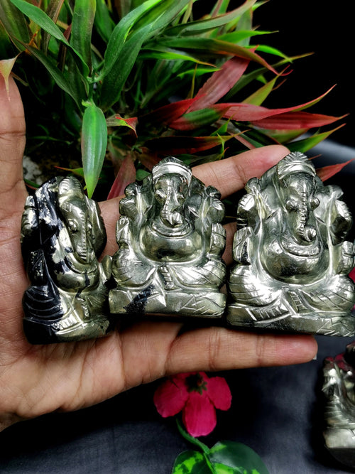 Pyrite gemstone Handmade Carving of Ganesh - Lord Ganesha Idol | Figurine in Crystals and Gemstones - 2.5 inches and 245 gms - ONE STATUE ONLY