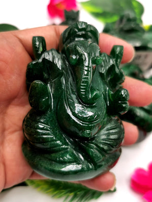 Gemstone Dark Green Aventurine Handmade Carving of Ganesh - Lord Ganesha Idol in Crystals/Gemstone -Reiki/Chakra -2.5 in and 210 gms -ONE STATUE ONLY