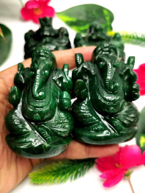 Gemstone Dark Green Aventurine Handmade Carving of Ganesh - Lord Ganesha Idol in Crystals/Gemstone -Reiki/Chakra -2.5 in and 210 gms -ONE STATUE ONLY