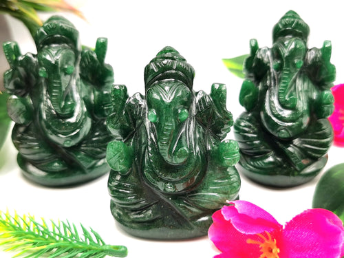 Gemstone Dark Green Aventurine Handmade Carving of Ganesh - Lord Ganesha Idol in Crystals/Gemstone -Reiki/Chakra -2.5 in and 210 gms -ONE STATUE ONLY