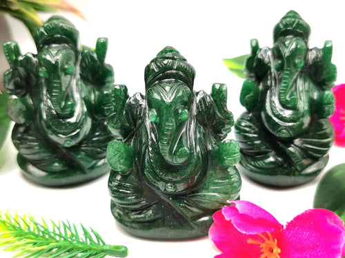 Gemstone Dark Green Aventurine Handmade Carving of Ganesh - Lord Ganesha Idol in Crystals/Gemstone -Reiki/Chakra -2.5 in and 210 gms -ONE STATUE ONLY