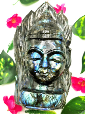 Labradorite handmade Buddha Head on leaf - serene and meditating Lord Buddha - crystal/reiki/chakra - 7.5 inches and 2.34 kg