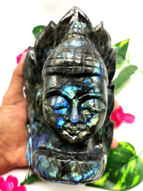 Labradorite handmade Buddha Head on leaf - serene and meditating Lord Buddha - crystal/reiki/chakra - 7.5 inches and 2.34 kg