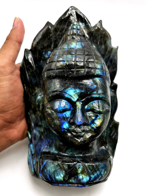 Labradorite handmade Buddha Head on leaf - serene and meditating Lord Buddha - crystal/reiki/chakra - 7.5 inches and 2.34 kg