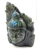 Labradorite crystal Buddha Head on leaf - handmade carving of serene and meditating Lord Buddha - crystal/reiki/chakra - 5 inches and 825 gms