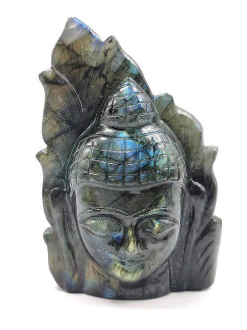 Labradorite crystal Buddha Head on leaf - handmade carving of serene and meditating Lord Buddha - crystal/reiki/chakra - 5 inches and 825 gms