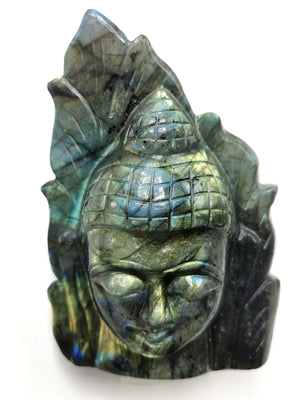 Labradorite crystal Buddha Head on leaf - handmade carving of serene and meditating Lord Buddha - crystal/reiki/chakra - 5 inches and 825 gms