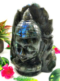 Labradorite or blacvk moonstone Buddha Head on leaf - handmade carving of serene and meditating Lord Buddha - crystal/reiki/chakra - 8 inches and 3.14 kg