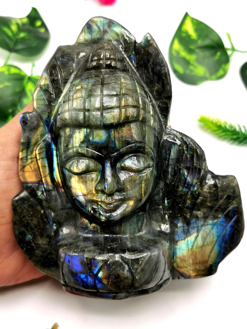 Labradorite gemstoneBuddha Head on leaf - handmade carving of serene and meditating Lord Buddha - crystal/reiki/chakra - 6 inches and 1.79 kg