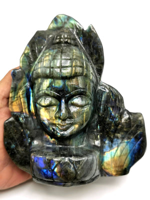 Labradorite gemstoneBuddha Head on leaf - handmade carving of serene and meditating Lord Buddha - crystal/reiki/chakra - 6 inches and 1.79 kg