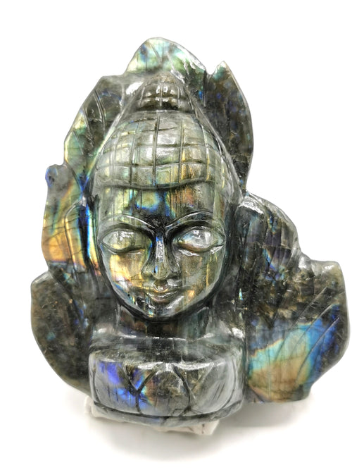 Lord Buddha Head on leaf Carving in Labradorite gemstone- handmade carving of serene and meditating Lord Buddha - crystal/reiki/chakra - 6 inches and 1.79 kg