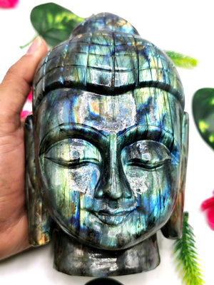 Gemstone Labradorite Buddha Head - handmade carving of serene and meditating Lord Buddha - crystal/reiki/chakra - 7 inches and 2.45 kgs (5.39 lb)