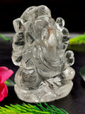 Ganesha in Clear Quartz Handmade Carving - Ganesha Idol |Sculpture in Crystals and Gemstones - 3 inches and 245 gms - ONE STATUE ONLY