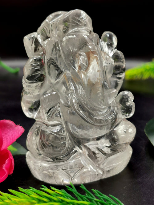 Ganesha in Clear Quartz Handmade Carving - Ganesha Idol |Sculpture in Crystals and Gemstones - 3 inches and 245 gms - ONE STATUE ONLY