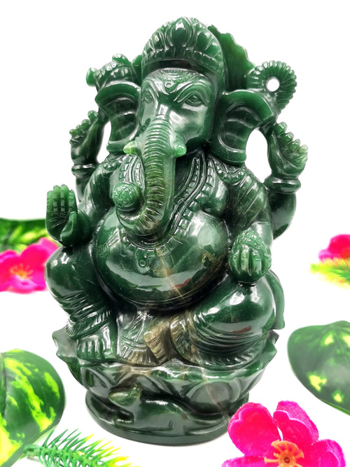 Columbian Jade gemstone Handmade Carving of Ganesh - Lord Ganesha Idol in Crystals and Gemstones - Reiki/Chakra - 6.5 inch and 1.43 kgs (3.15 lb)