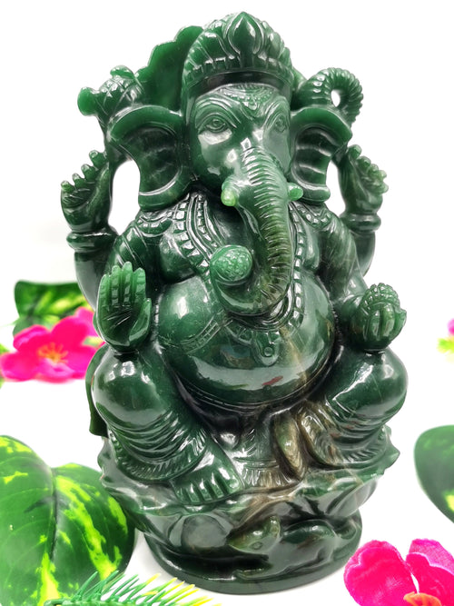 Columbian Jade gemstone Handmade Carving of Ganesh - Lord Ganesha Idol in Crystals and Gemstones - Reiki/Chakra - 6.5 inch and 1.43 kgs (3.15 lb)