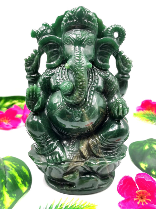 Columbian Jade gemstone Handmade Carving of Ganesh - Lord Ganesha Idol in Crystals and Gemstones - Reiki/Chakra - 6.5 inch and 1.43 kgs (3.15 lb)